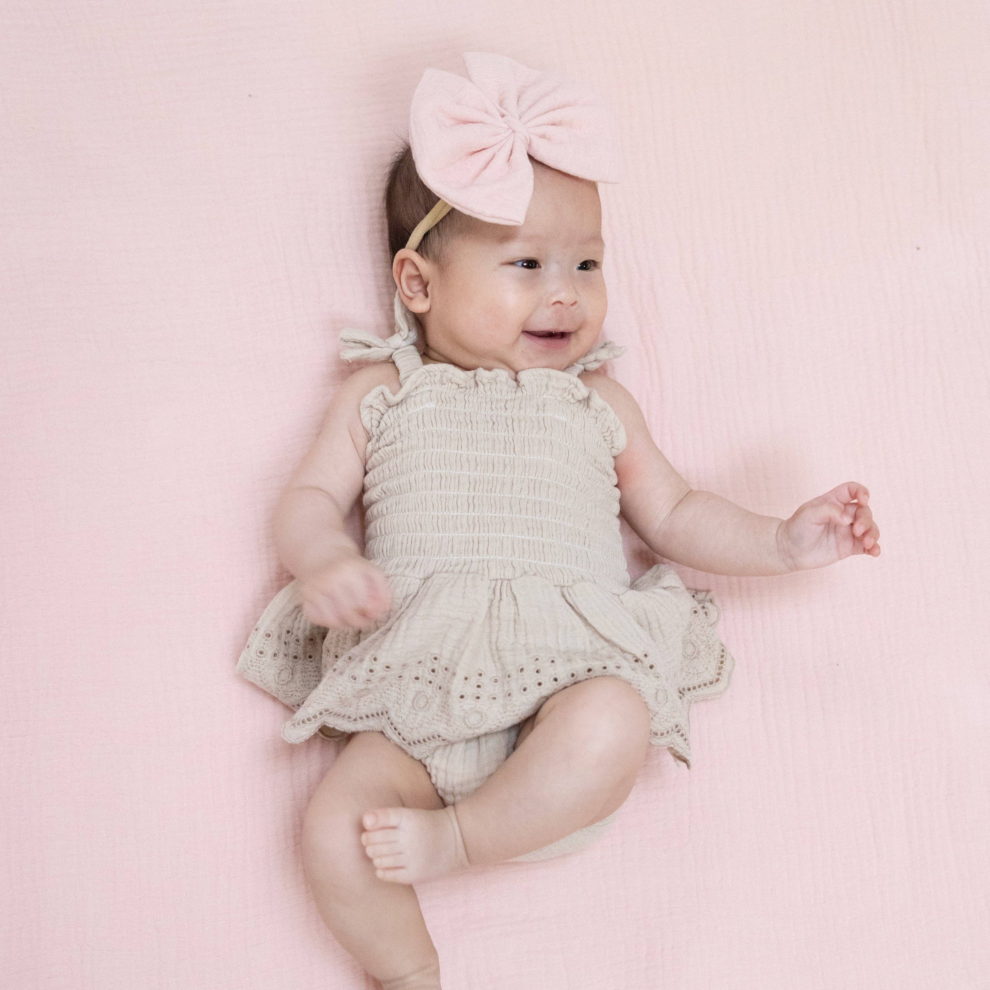 Angel Dear Smocked Bubble with Skirt, Solid Muslin French Oak