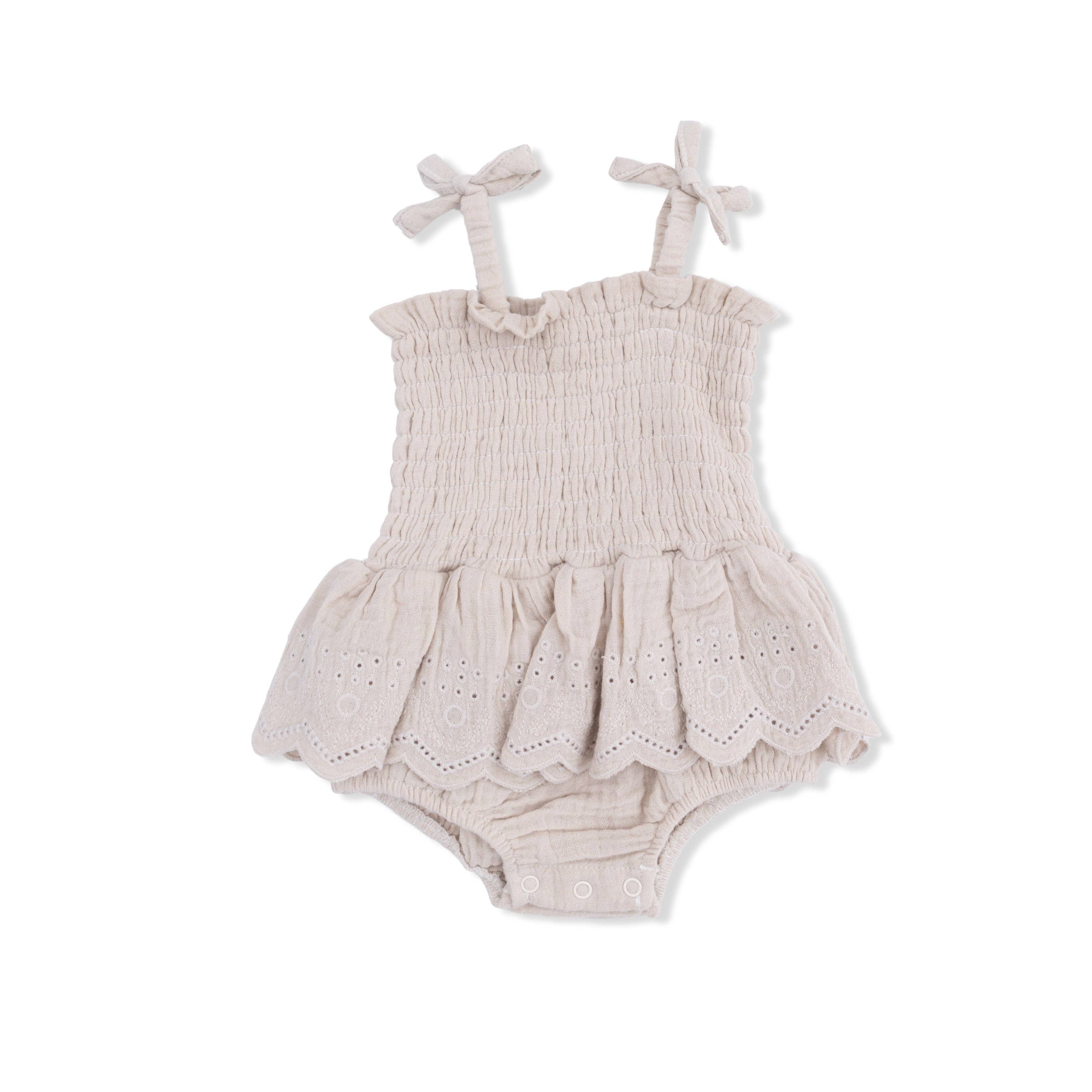 Angel Dear Smocked Bubble with Skirt, Solid Muslin French Oak