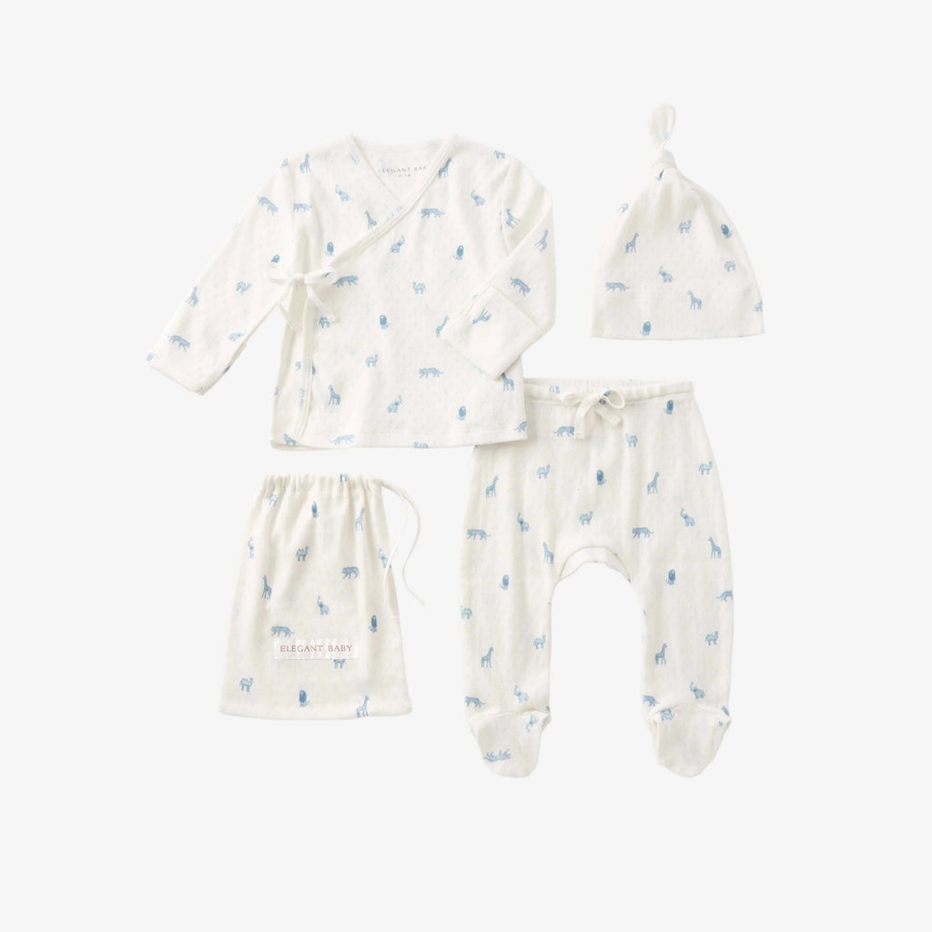Elegant Baby New Born Blue Safari Print Organic Cotton Pointelle Layette 3 Pc Gift Set - Flying Ryno