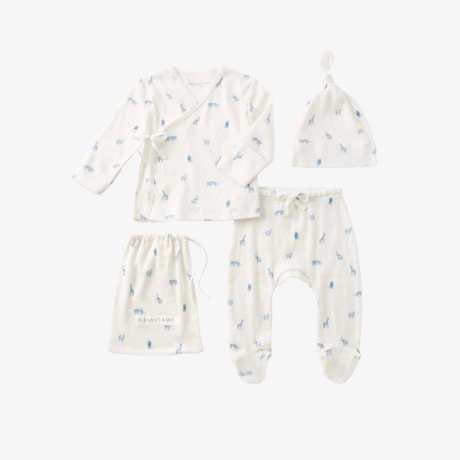 Elegant Baby New Born Blue Safari Print Organic Cotton Pointelle Layette 3 Pc Gift Set - Flying Ryno