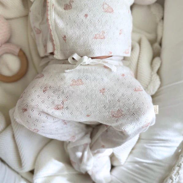 Elegant Baby Newborn Pink Swan Print Organic Cotton Pointelle Layette 3 Pc Gift Set - Flying Ryno
