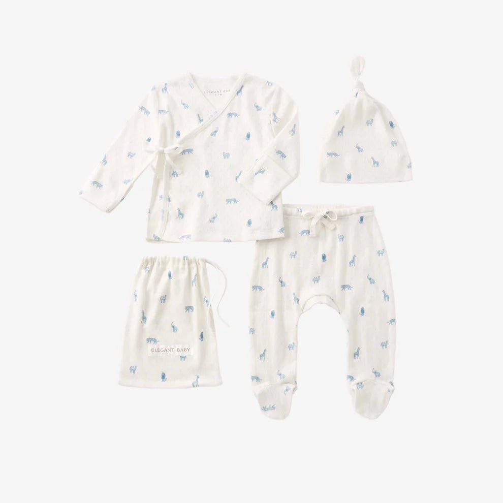 Elegant Baby Preemie Blue Safari Print Organic Cotton Pointelle Layette 3 Pc Gift Set - Flying Ryno