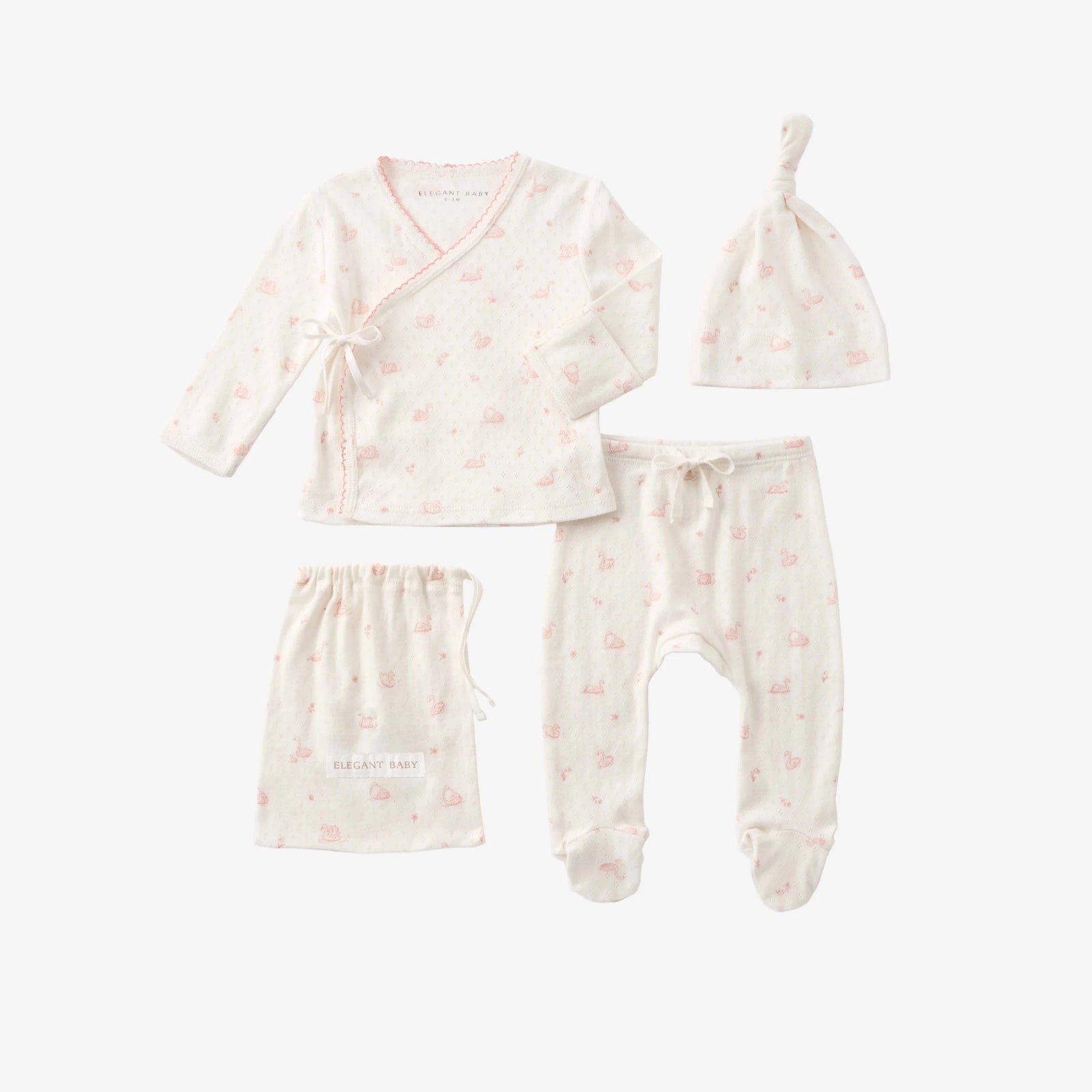 Elegant Baby Preemie Pink Swan Print Organic Cotton Pointelle Layette 3 Pc Gift Set - Flying Ryno