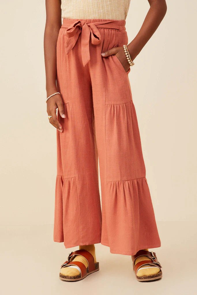 Hayden Girls Gathered Detail Belted Textured Wide Leg Pants Brick - Flying Ryno