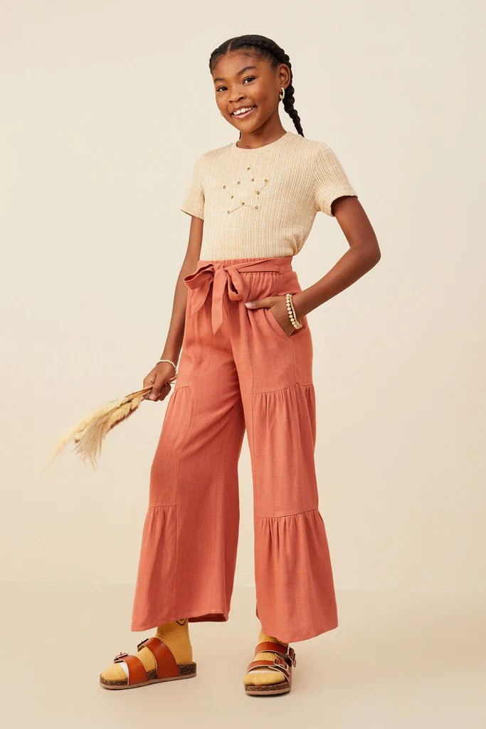 Hayden Girls Gathered Detail Belted Textured Wide Leg Pants Brick - Flying Ryno