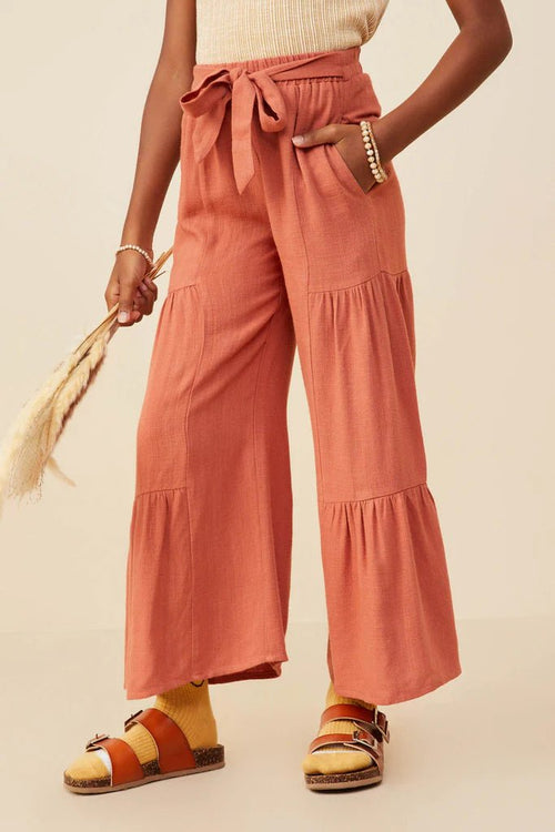 Hayden Girls Gathered Detail Belted Textured Wide Leg Pants Brick - Flying Ryno