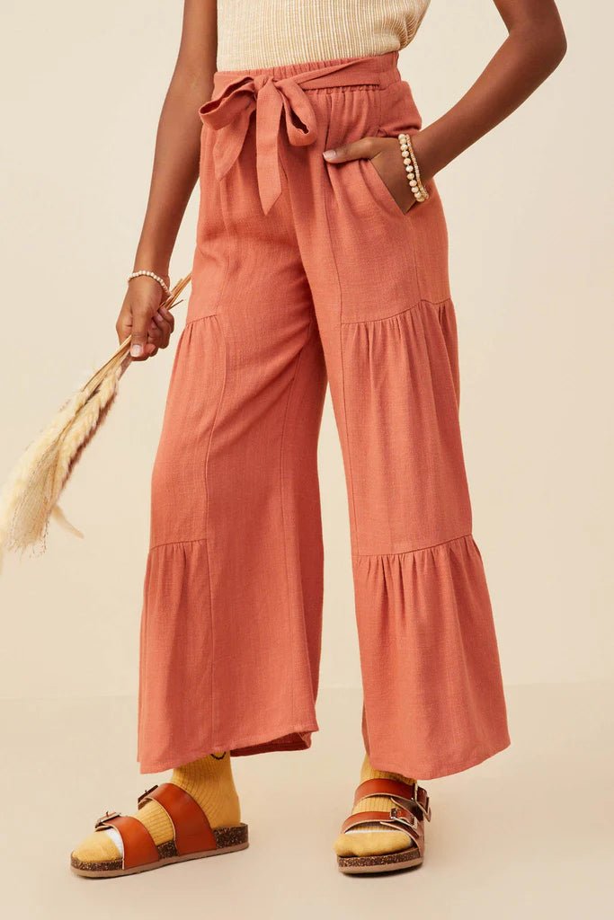 Hayden Girls Gathered Detail Belted Textured Wide Leg Pants Brick - Flying Ryno