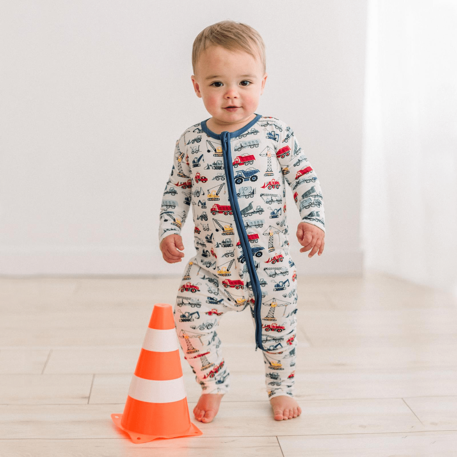 Kickee Pants Print Convertible Coverall, Natural Construction Trucks - Flying Ryno