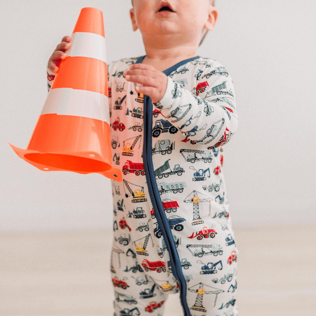 Kickee Pants Print Convertible Coverall, Natural Construction Trucks - Flying Ryno