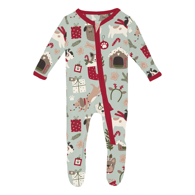 Kickee Pants Print Footie with 2 Way Zipper, Aloe Christmas Dogs - Flying Ryno