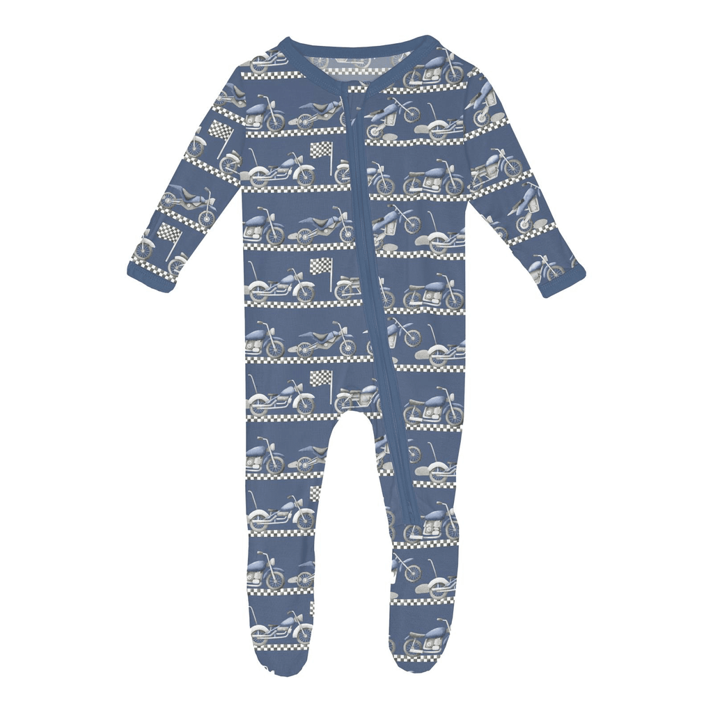 Kickee Pants Print Footie with 2 Way Zipper, Denim Motorcycles - Flying Ryno