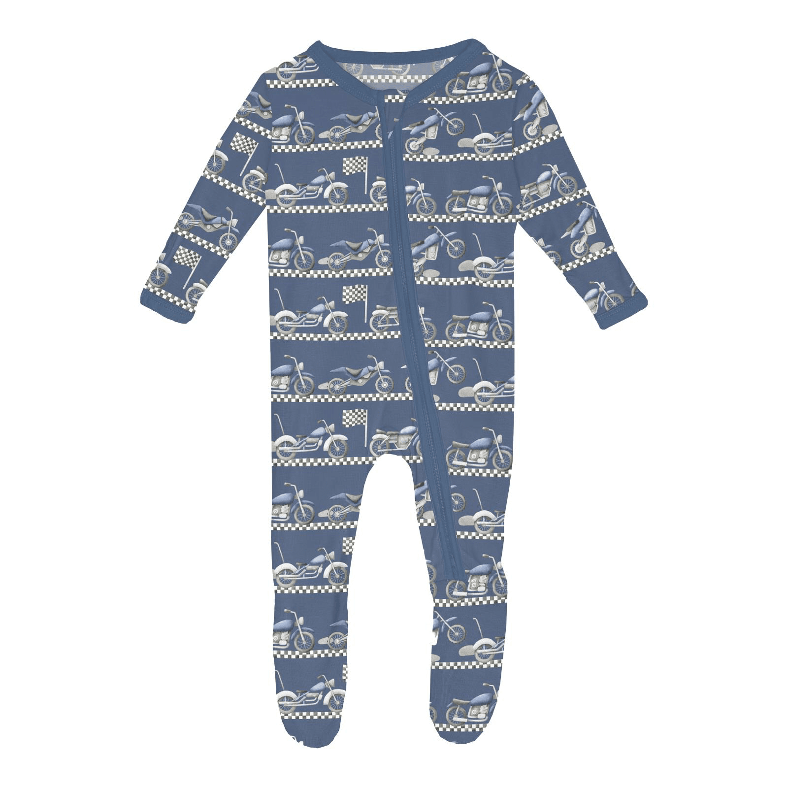 Kickee Pants Print Footie with 2 Way Zipper, Denim Motorcycles - Flying Ryno