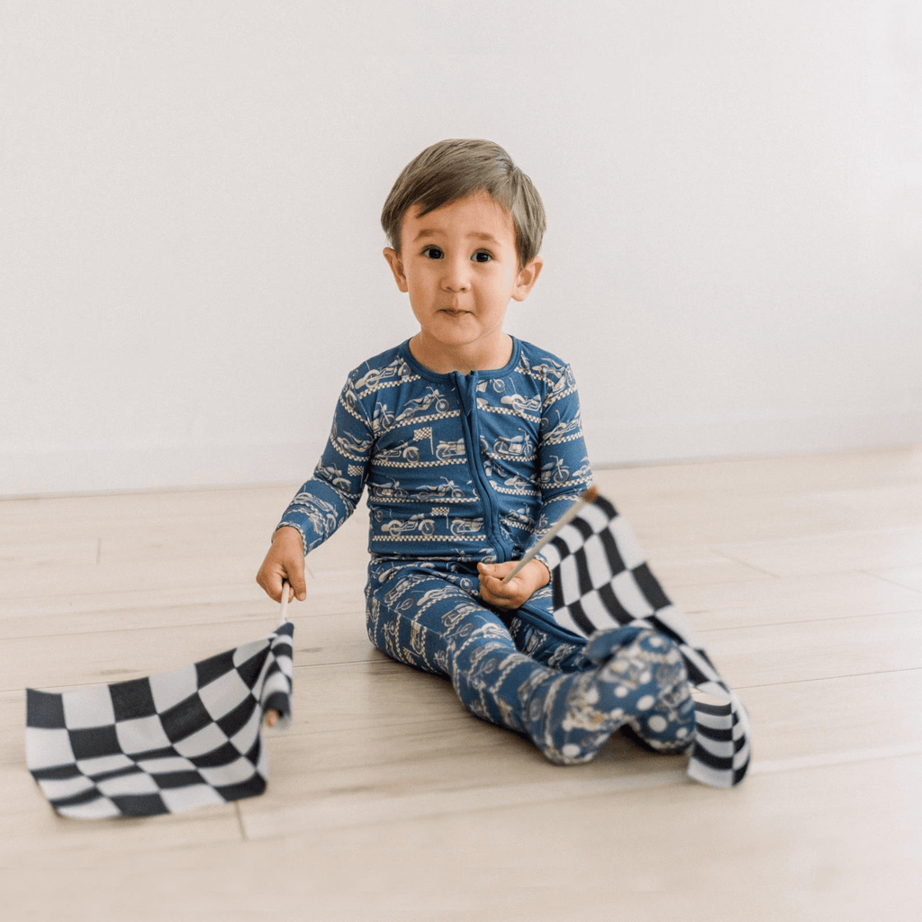 Kickee Pants Print Footie with 2 Way Zipper, Denim Motorcycles - Flying Ryno