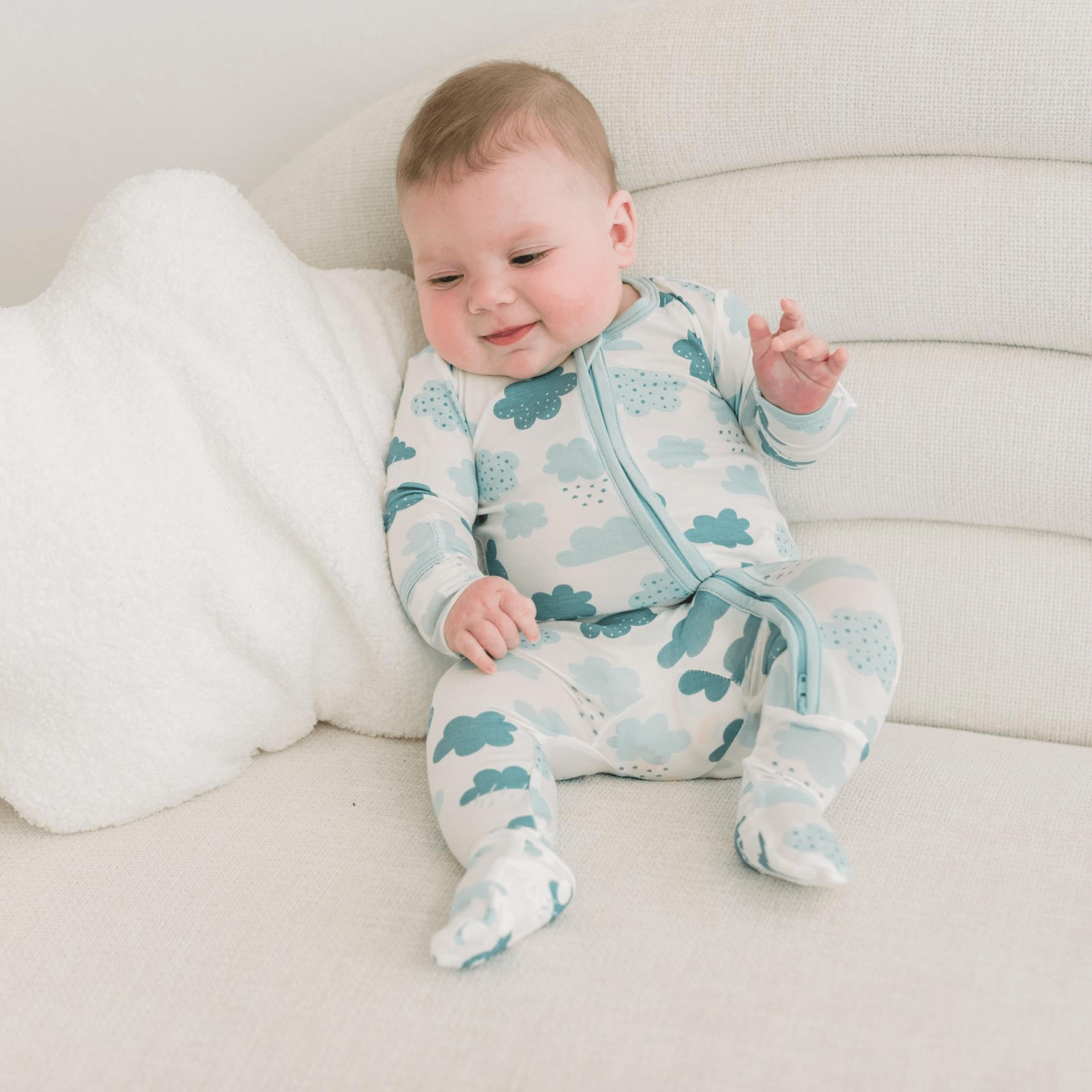 Kickee Pants Print Footie with 2 Way Zipper, Natural Cloudy Sky - Flying Ryno