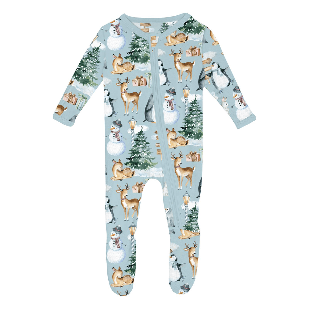 Kickee Pants Print Footie with 2 Way Zipper, Spring Sky Winter Wonderland - Flying Ryno
