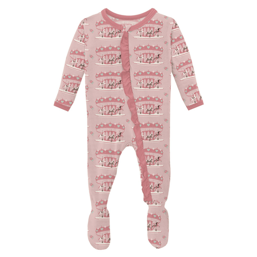 Kickee Pants Print Layette Ruffle Footie with 2 Way Zipper, Baby Rose Fair Carousel - Flying Ryno