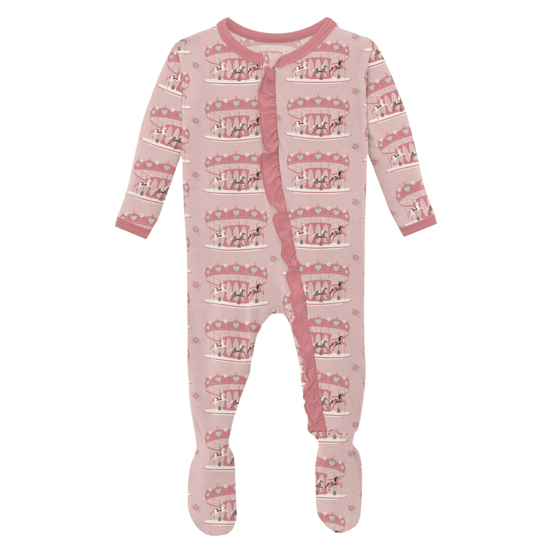 Kickee Pants Print Layette Ruffle Footie with 2 Way Zipper, Baby Rose Fair Carousel - Flying Ryno