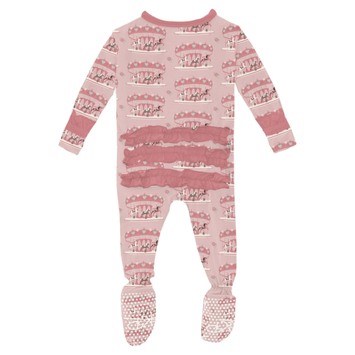 Kickee Pants Print Layette Ruffle Footie with 2 Way Zipper, Baby Rose Fair Carousel - Flying Ryno