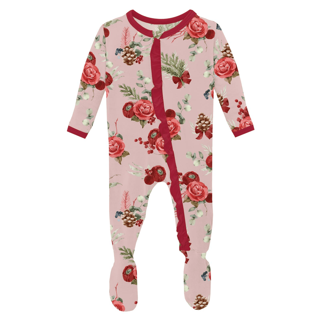 Kickee Pants Print Layette Ruffle Footie with 2 Way Zipper, Baby Rose Holiday Floral - Flying Ryno