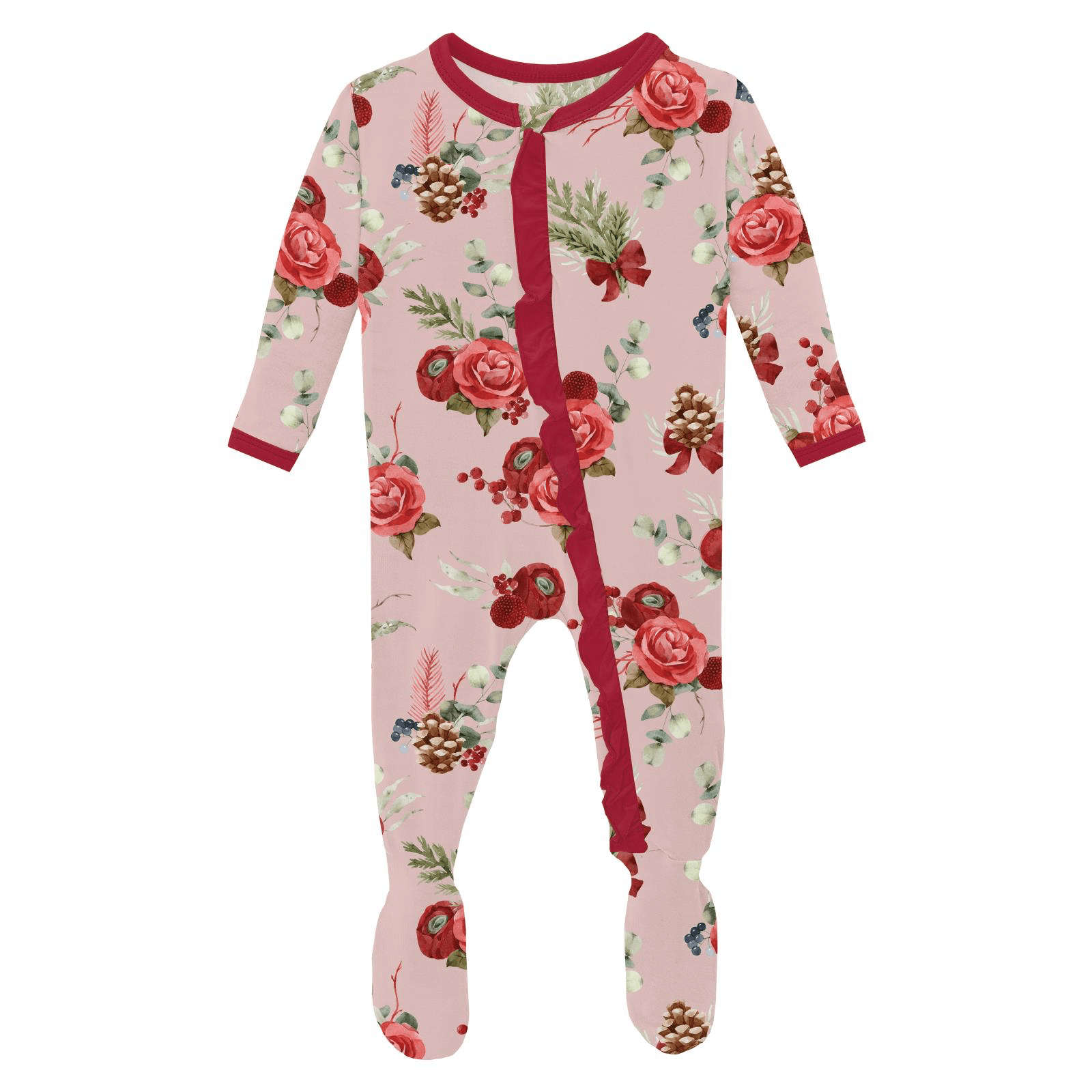 Kickee Pants Print Layette Ruffle Footie with 2 Way Zipper, Baby Rose Holiday Floral - Flying Ryno