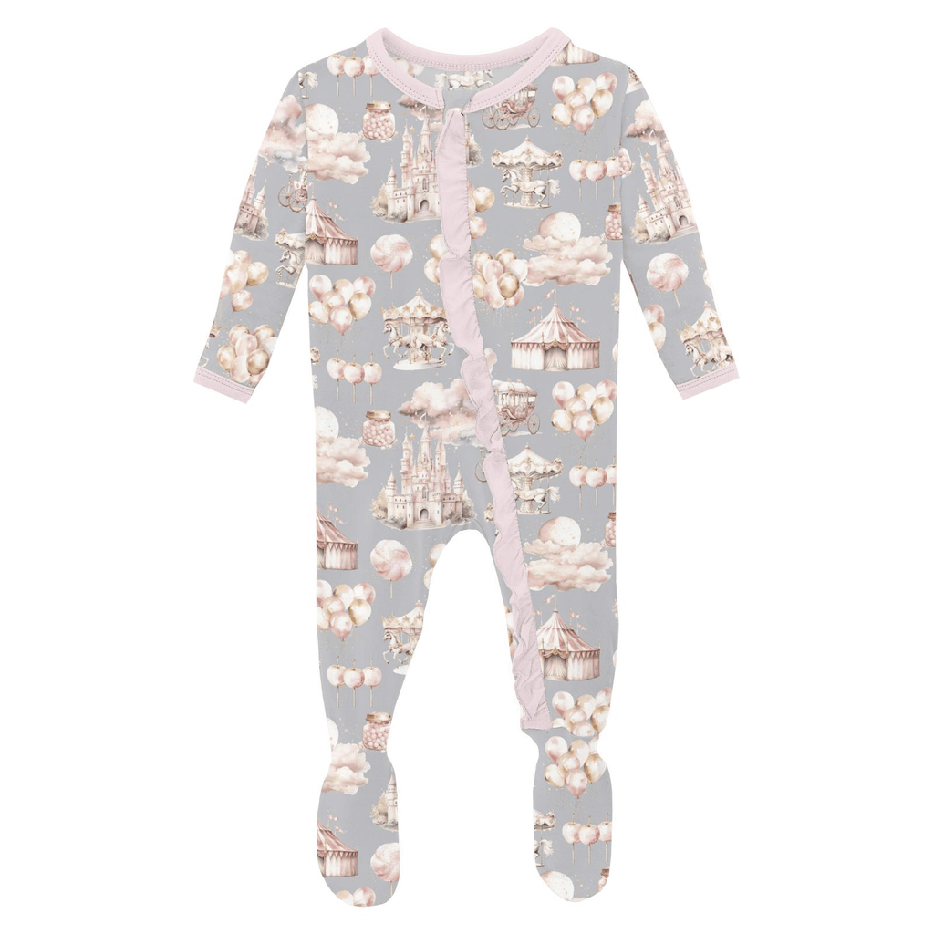 Kickee Pants Print Layette Ruffle Footie with 2 Way Zipper, Dove Princess Dreams - Flying Ryno