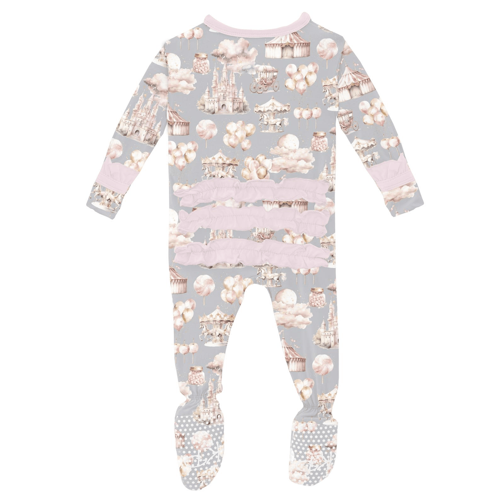 Kickee Pants Print Layette Ruffle Footie with 2 Way Zipper, Dove Princess Dreams - Flying Ryno