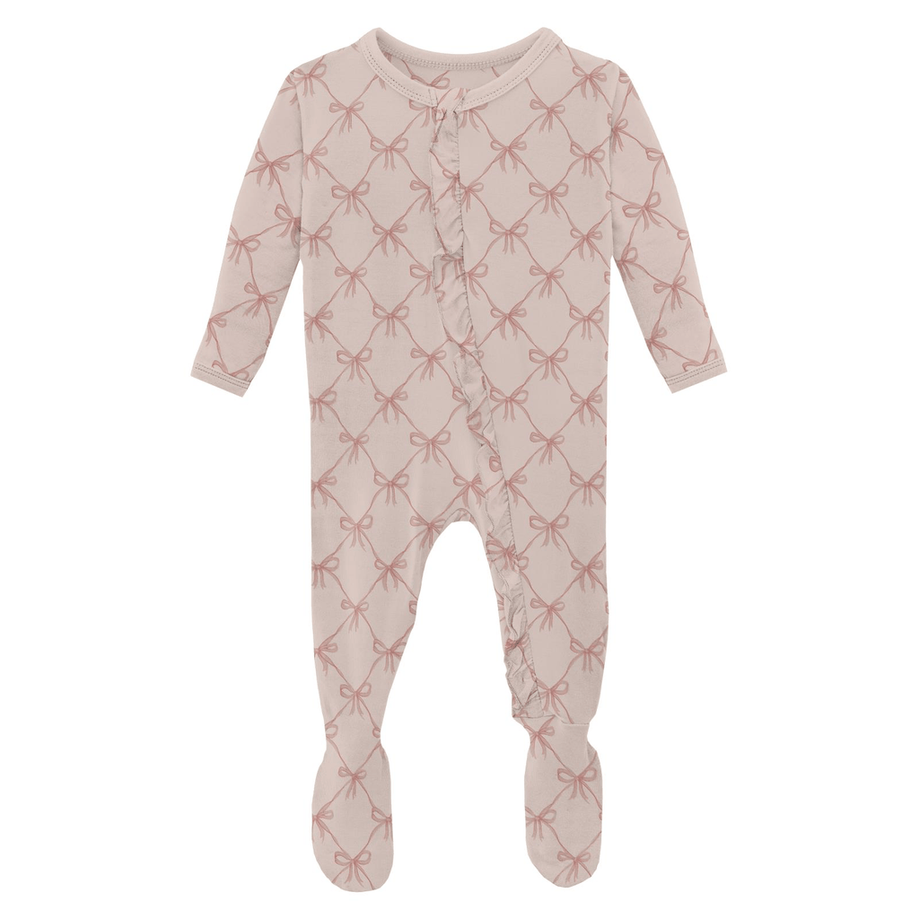 Kickee Pants Print Layette Ruffle Footie with 2 Way Zipper, Shrinking Violet Bow Lattice - Flying Ryno