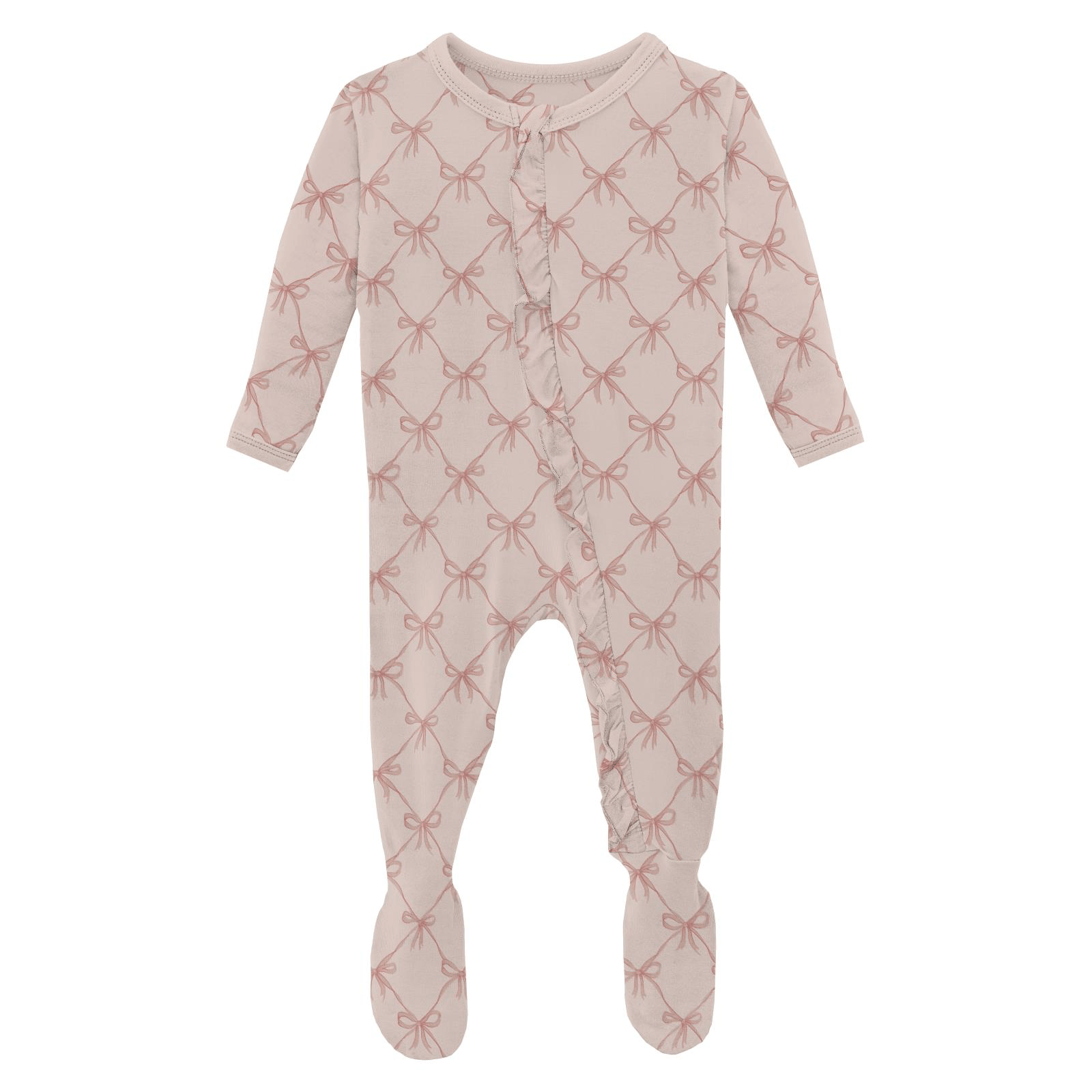 Kickee Pants Print Layette Ruffle Footie with 2 Way Zipper, Shrinking Violet Bow Lattice - Flying Ryno