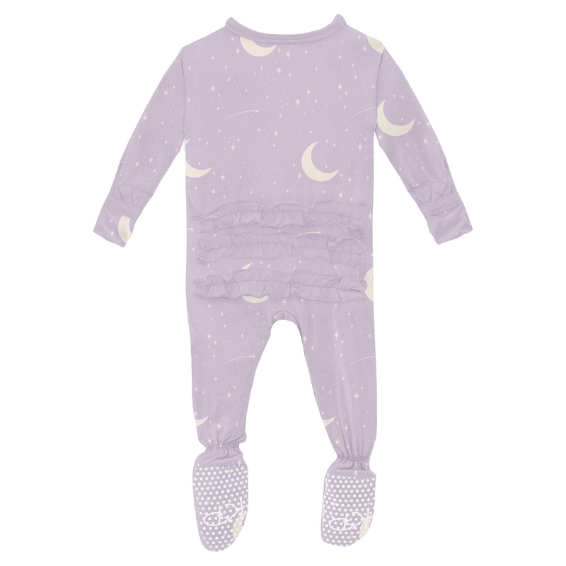 Kickee Pants Print Layette Ruffle Footie with 2 Way Zipper, Thistle Starry Sky & Moon - Flying Ryno