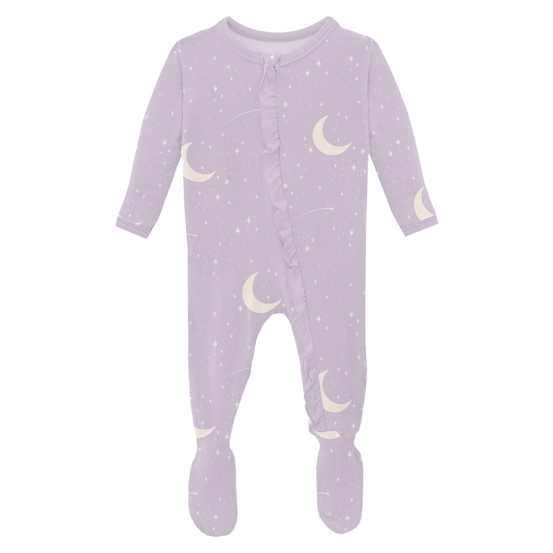 Kickee Pants Print Layette Ruffle Footie with 2 Way Zipper, Thistle Starry Sky & Moon - Flying Ryno