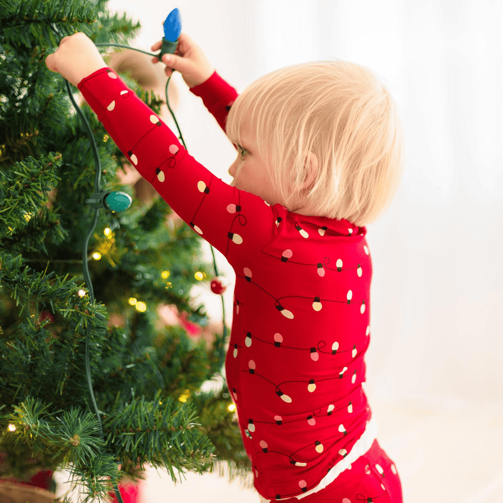 Kickee Pants Print Long Sleeve Pajama Set, Crimson Holiday Lights - Flying Ryno