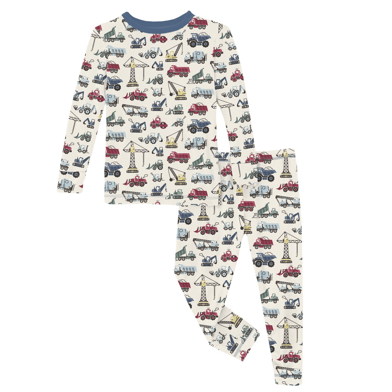 Kickee Pants Print Long Sleeve Pajama Set, Natural Construction Trucks - Flying Ryno