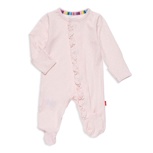 Magnetic Me Pin Dot Pink Ruffle Placket Footie - Flying Ryno