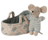 Maileg Baby mouse in carry cot - Blue - Flying Ryno