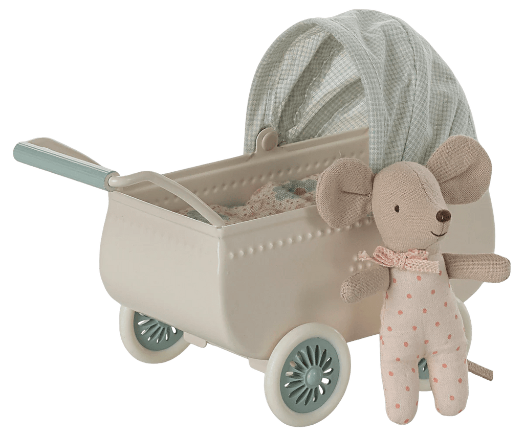 Maileg Pram with baby mouse - Mint - Flying Ryno