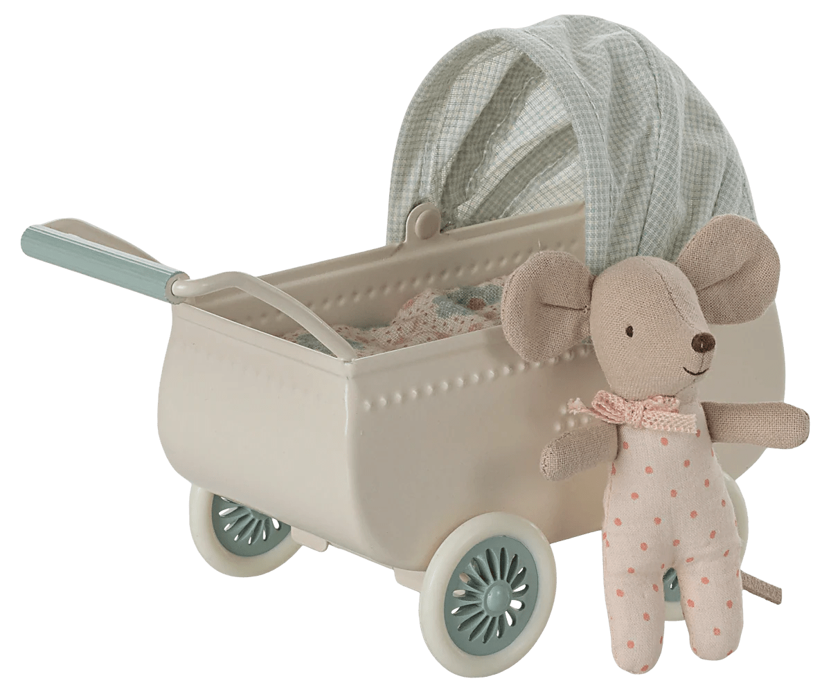 Maileg Pram with baby mouse - Mint - Flying Ryno