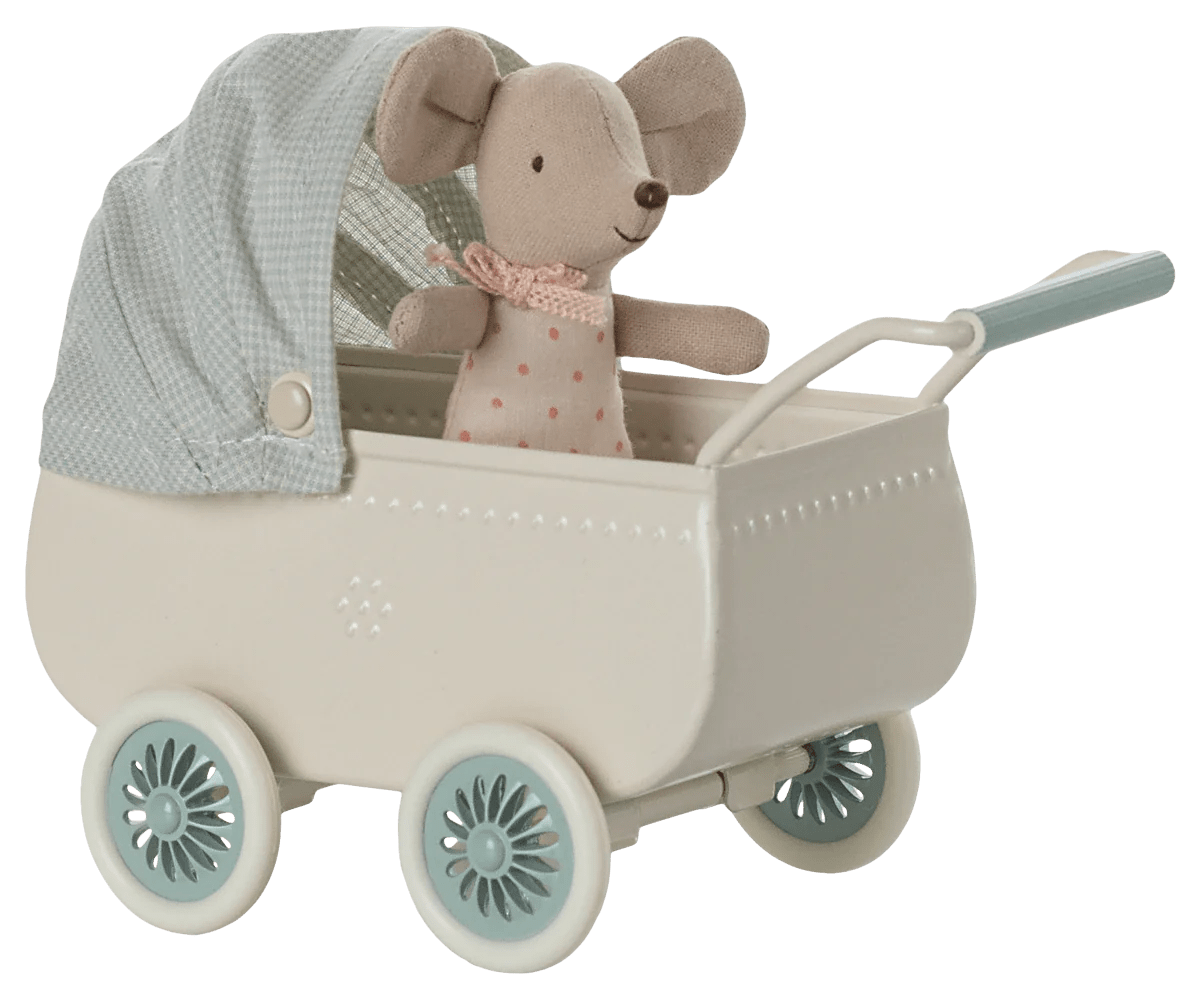Maileg Pram with baby mouse - Mint - Flying Ryno