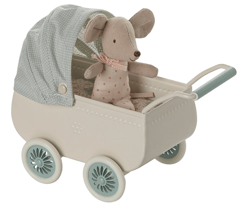 Maileg Pram with baby mouse - Mint - Flying Ryno