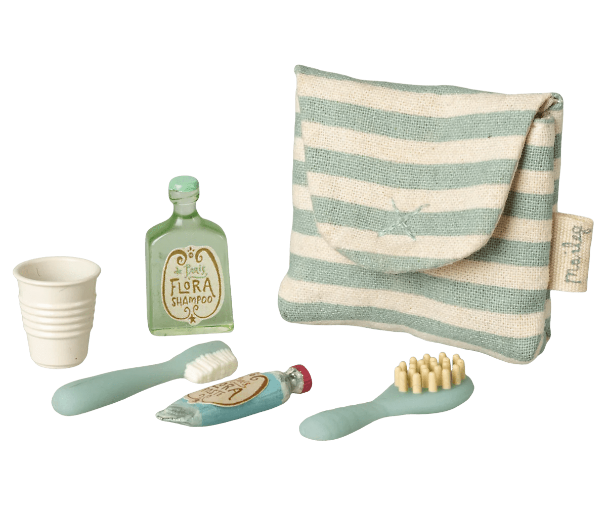 Maileg Toothbrush Set in Bag, Mouse - Blue Stripe - Flying Ryno