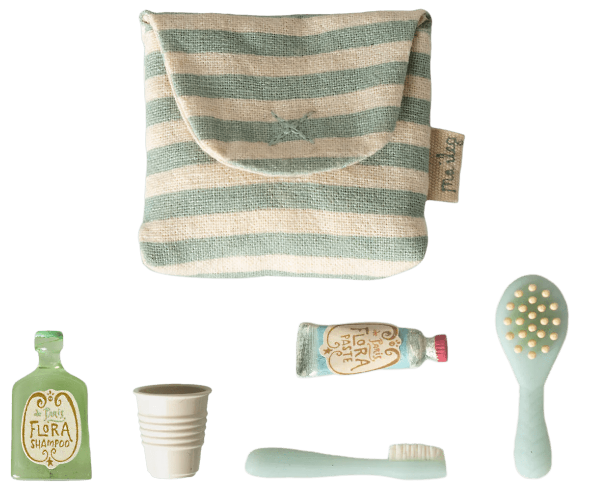 Maileg Toothbrush Set in Bag, Mouse - Blue Stripe - Flying Ryno