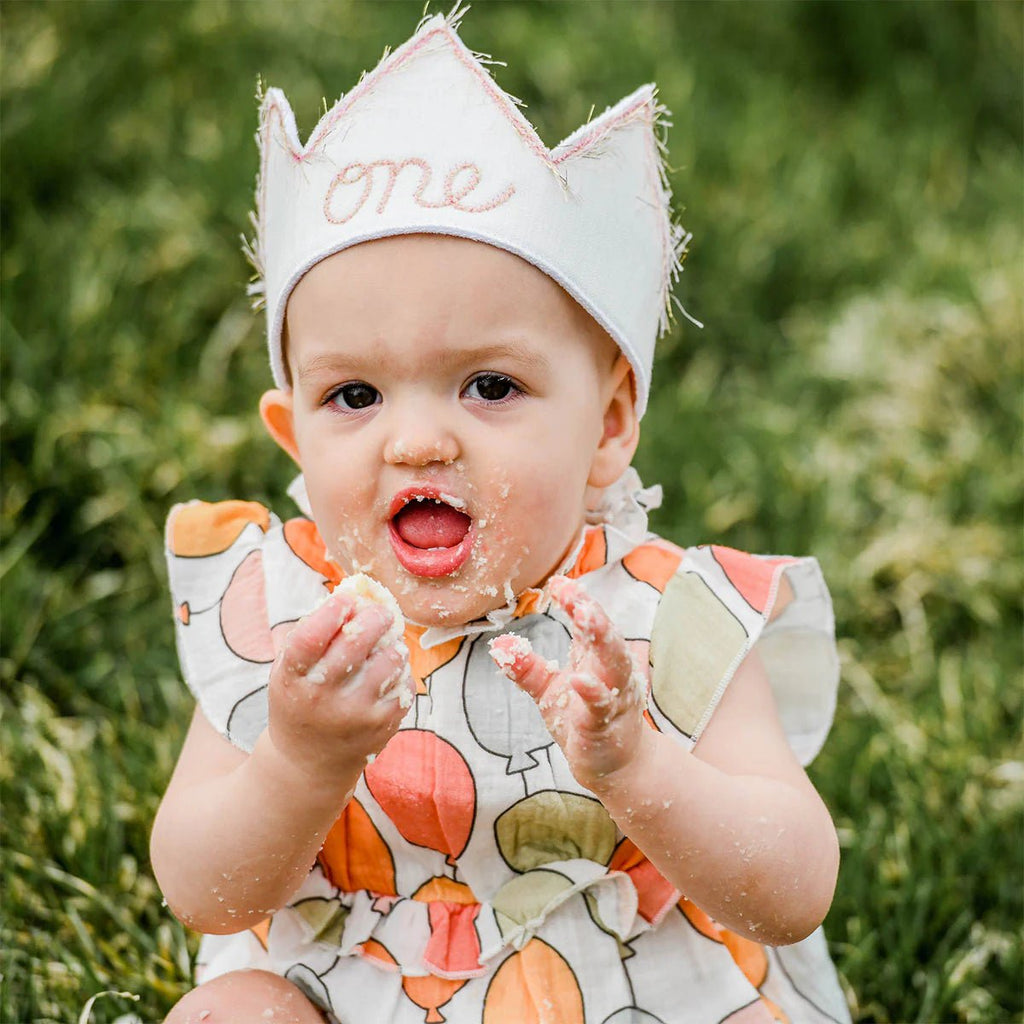 oh baby! Birthday Crown, one, Blush/Gold Trim on Oyster Linen - Flying Ryno