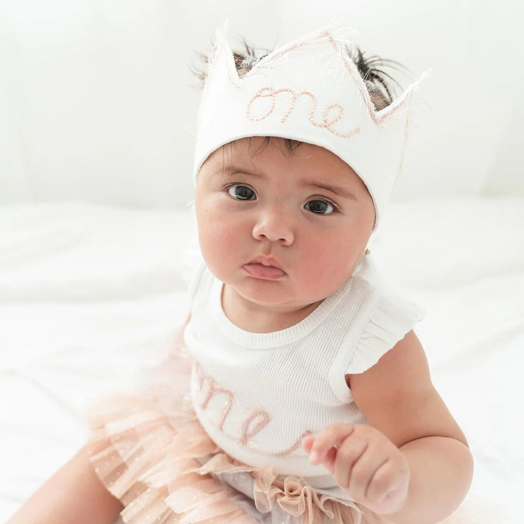 oh baby! Birthday Crown, one, Blush/Gold Trim on Oyster Linen - Flying Ryno