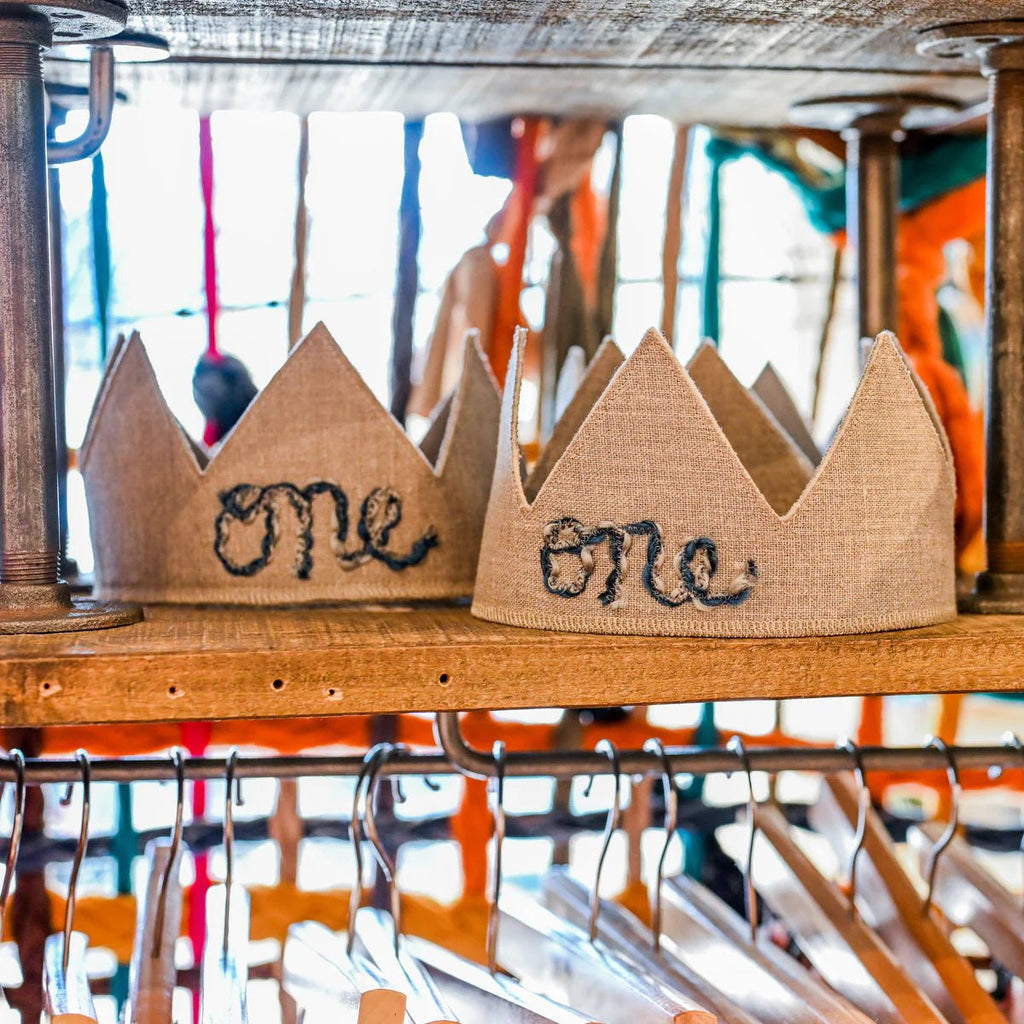 oh baby! Birthday Crown, one, Multi Blue Yarn on Oatmeal - Flying Ryno