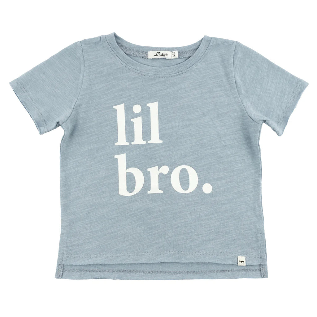 oh baby! Raw Edge Tee "lil bro." White Ink, Fog - Flying Ryno