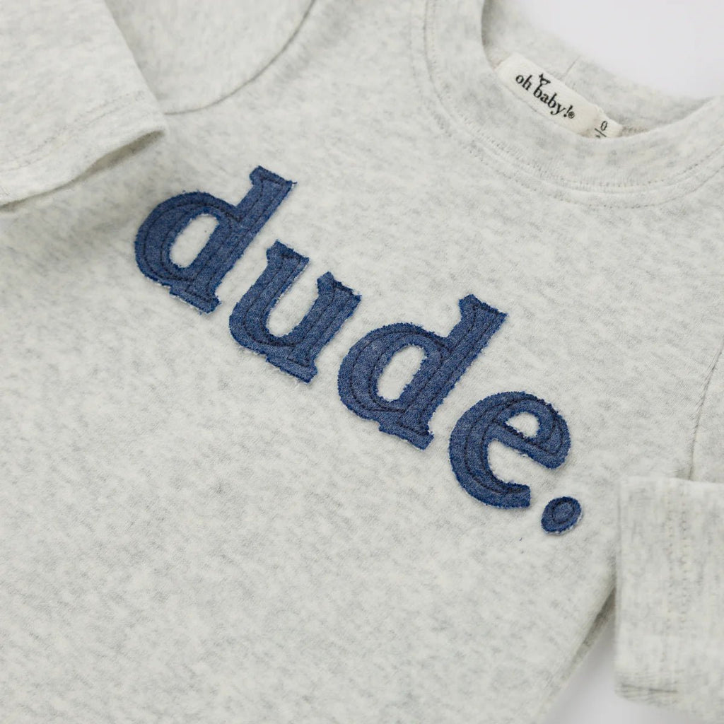 oh baby! Two Piece Set, Denim "dude" Applique, Heather Gray - Flying Ryno