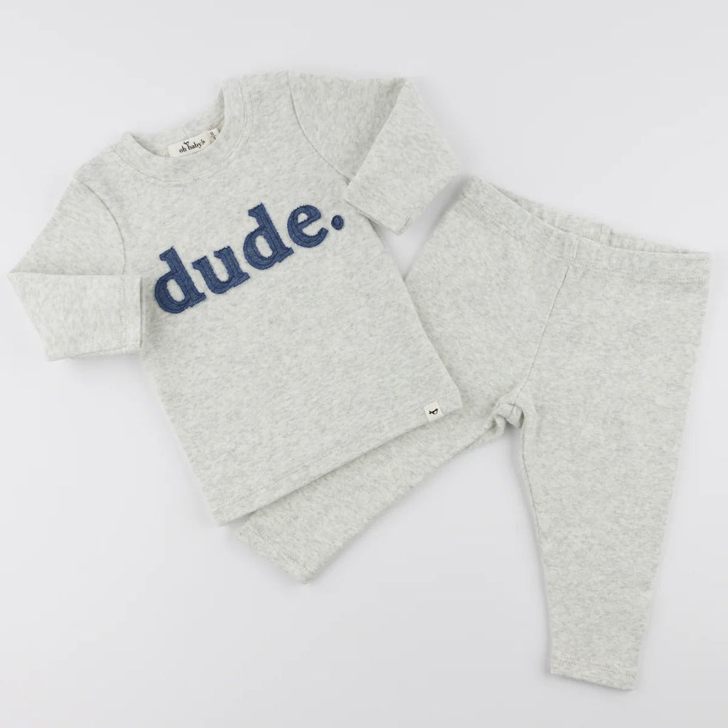 oh baby! Two Piece Set, Denim "dude" Applique, Heather Gray - Flying Ryno
