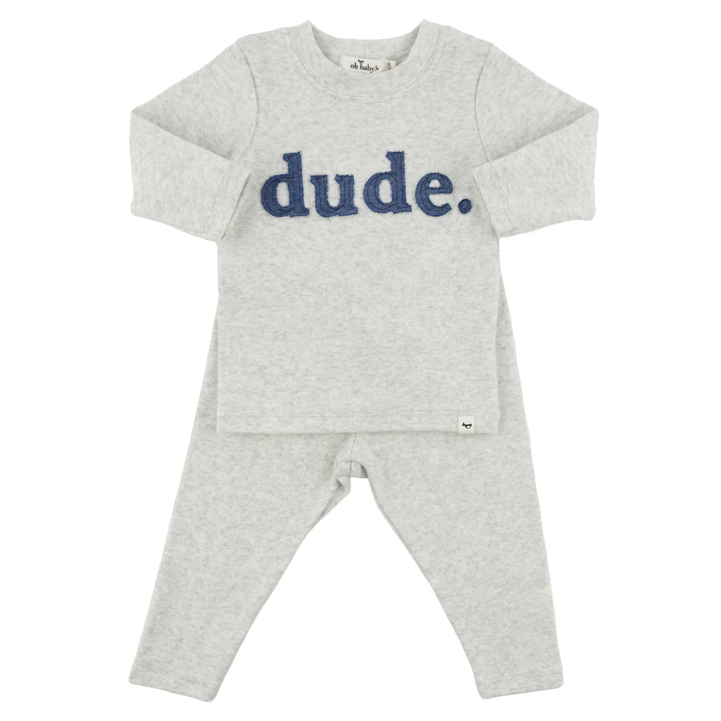 oh baby! Two Piece Set, Denim "dude" Applique, Heather Gray - Flying Ryno