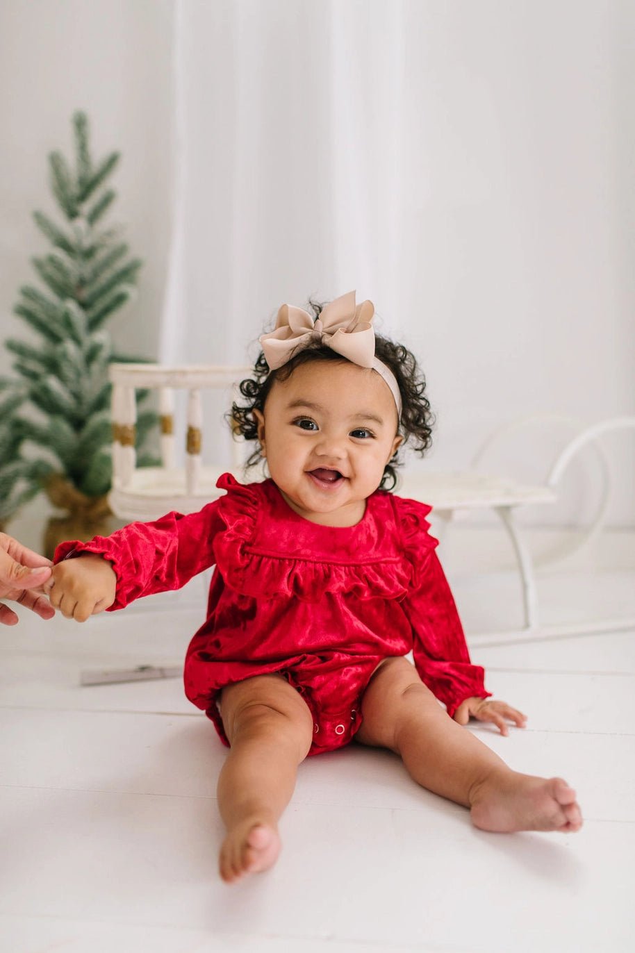 Ollie Jay Hayley Romper in Red Crushed Velvet | Baby Clothing - Flying Ryno