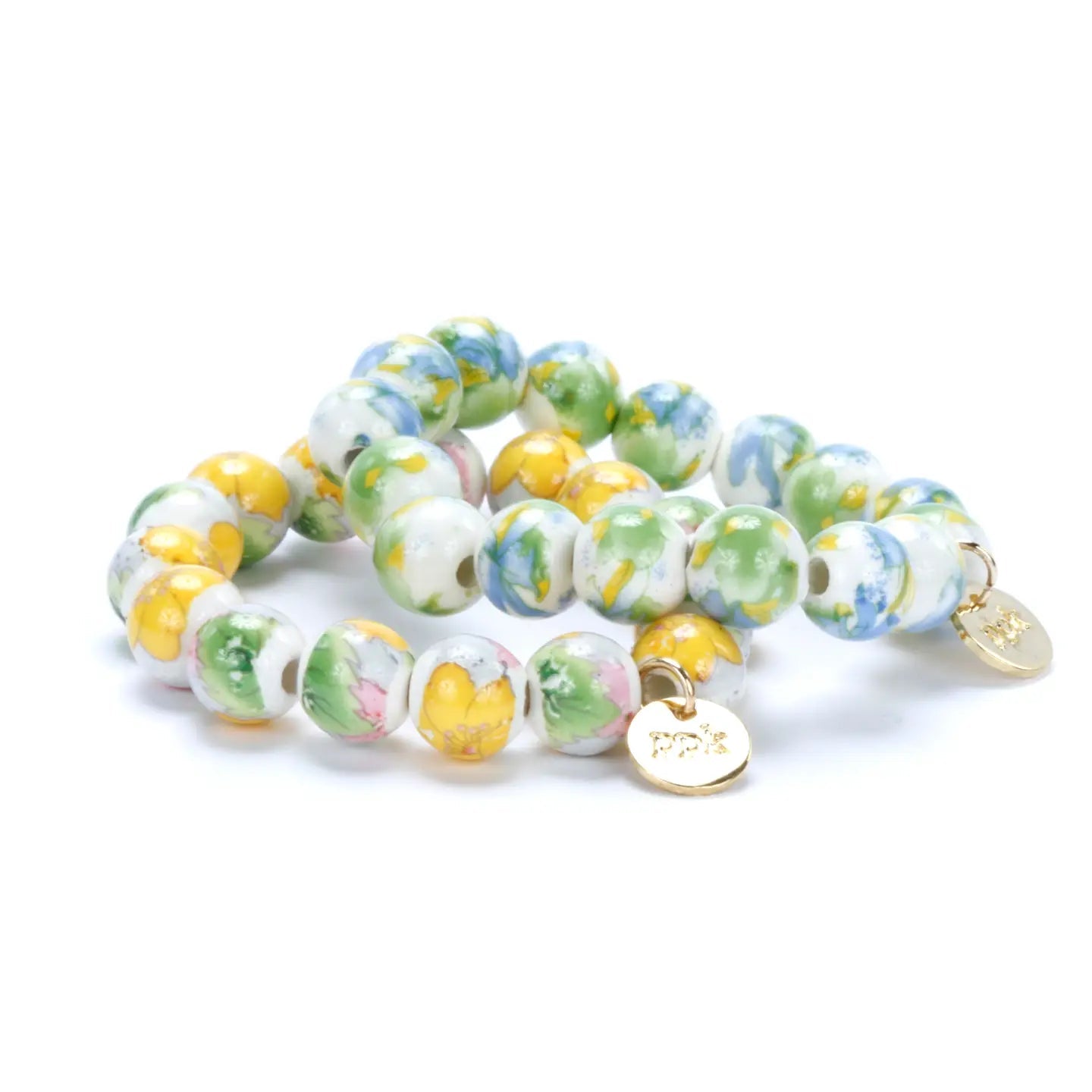 Peppercorn Kids Vintage Floral Beaded Bracelet with Gold Circle Charm - Flying Ryno