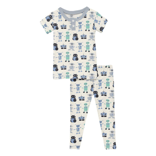 *PRE-SALE* Kickee Pants Print Short Sleeve Henley Pajama Set, Natural Robots - Flying Ryno